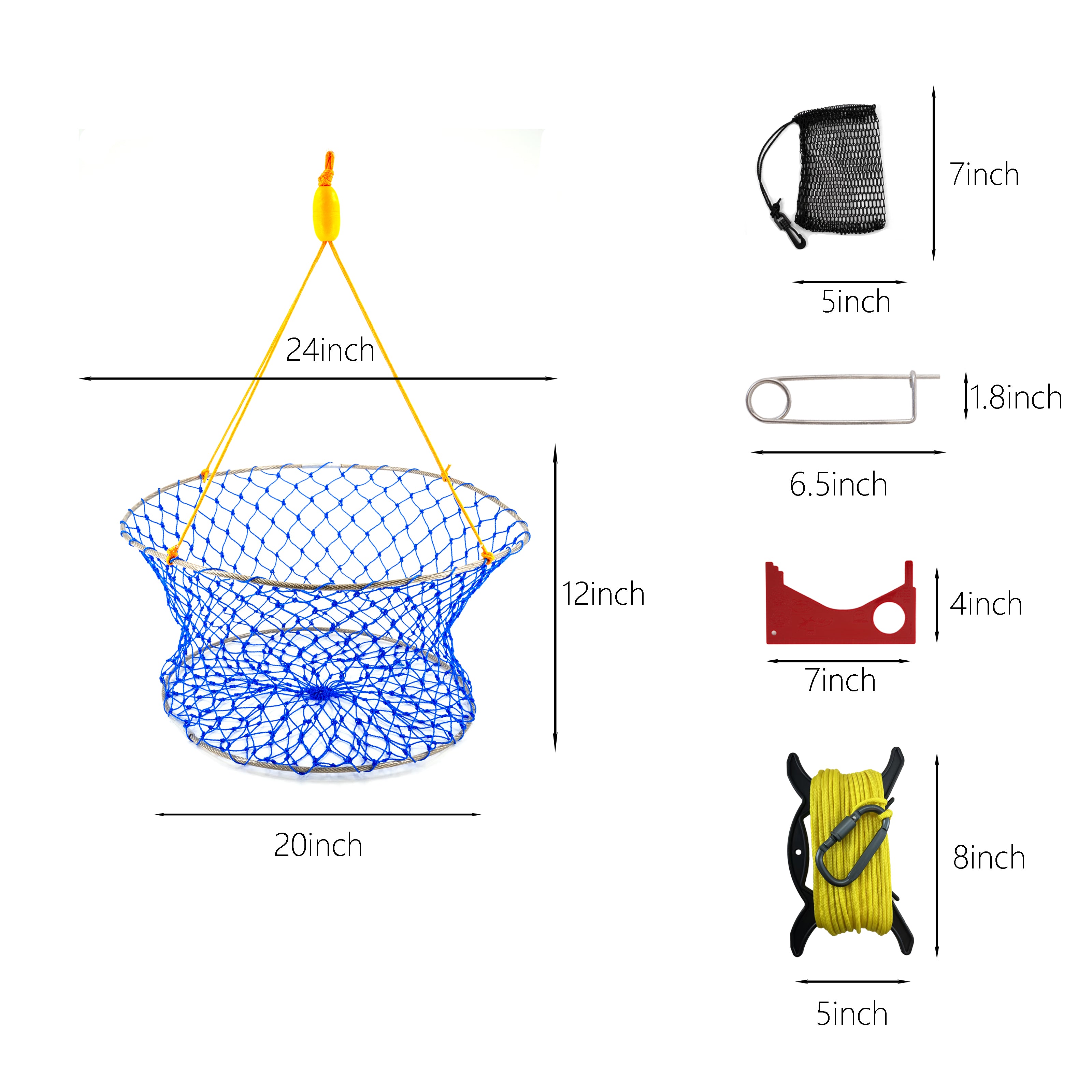 LUPUSH Crab Ring Trap Kit – Collapsible Stainless Steel Crab Net with 100ft Rope, Bait Bag, Clip & Ruler – 24”