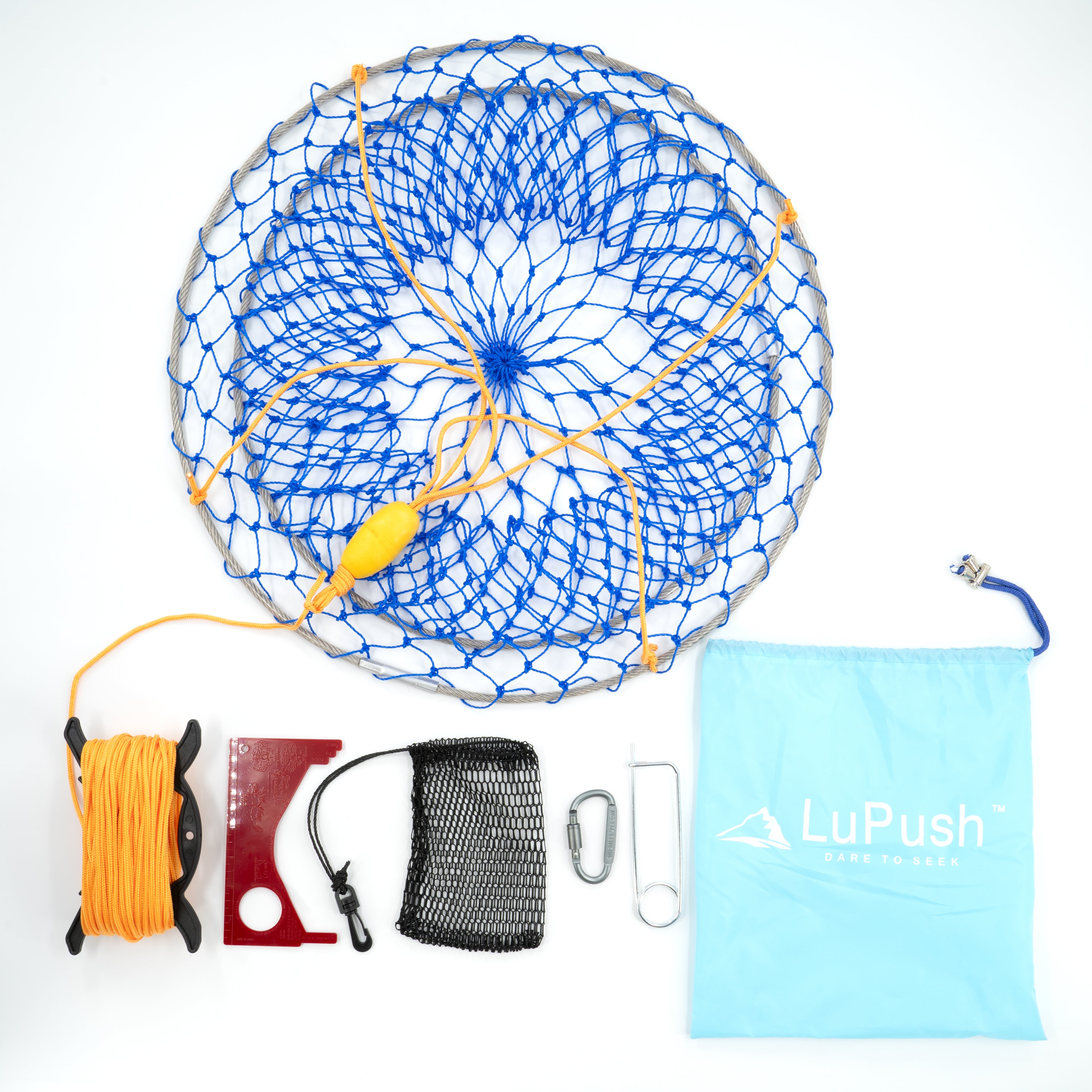 LUPUSH Crab Ring Trap Kit – Collapsible Stainless Steel Crab Net with 100ft Rope, Bait Bag, Clip & Ruler – 24”