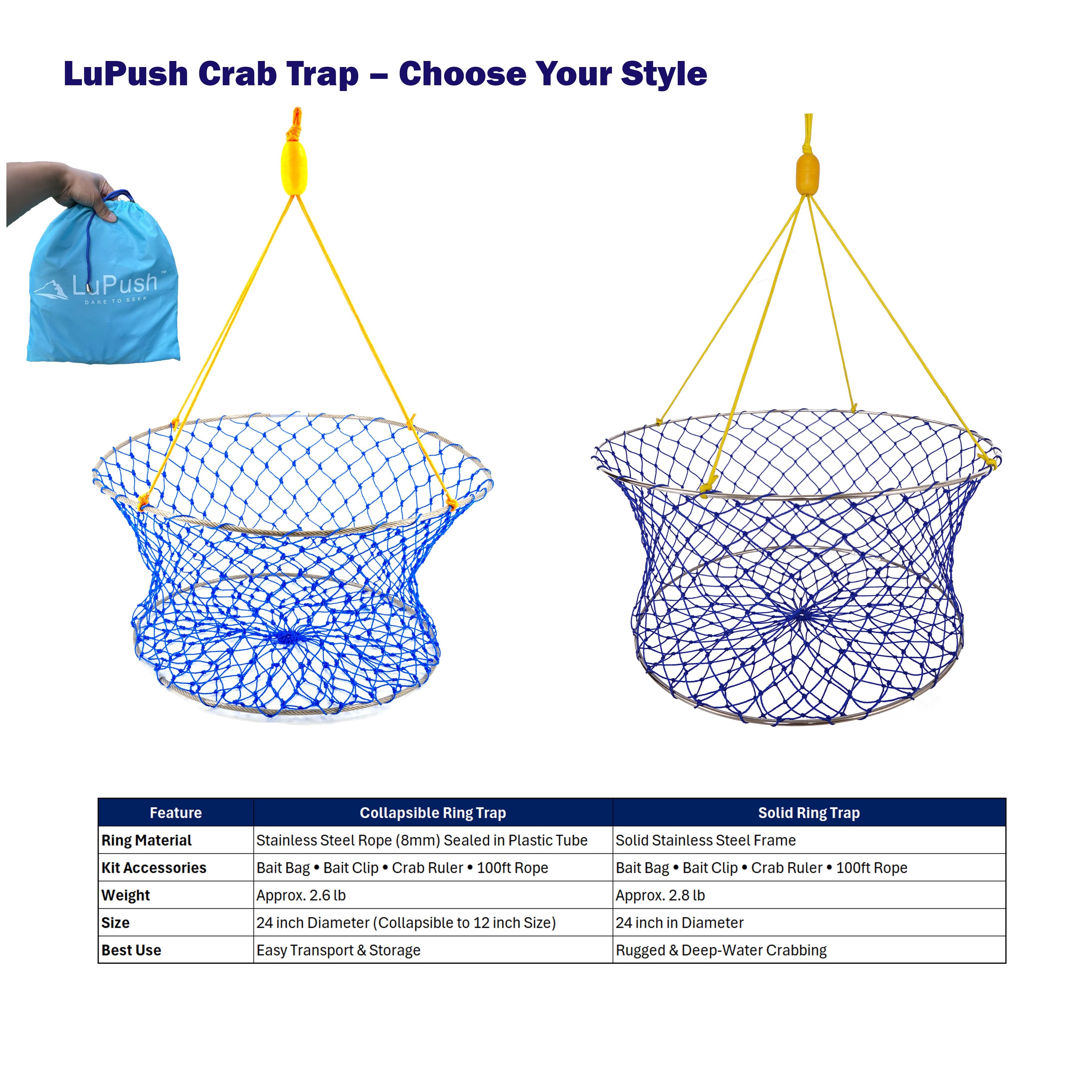 LUPUSH Crab Ring Trap Kit – Collapsible Stainless Steel Crab Net with 100ft Rope, Bait Bag, Clip & Ruler – 24”