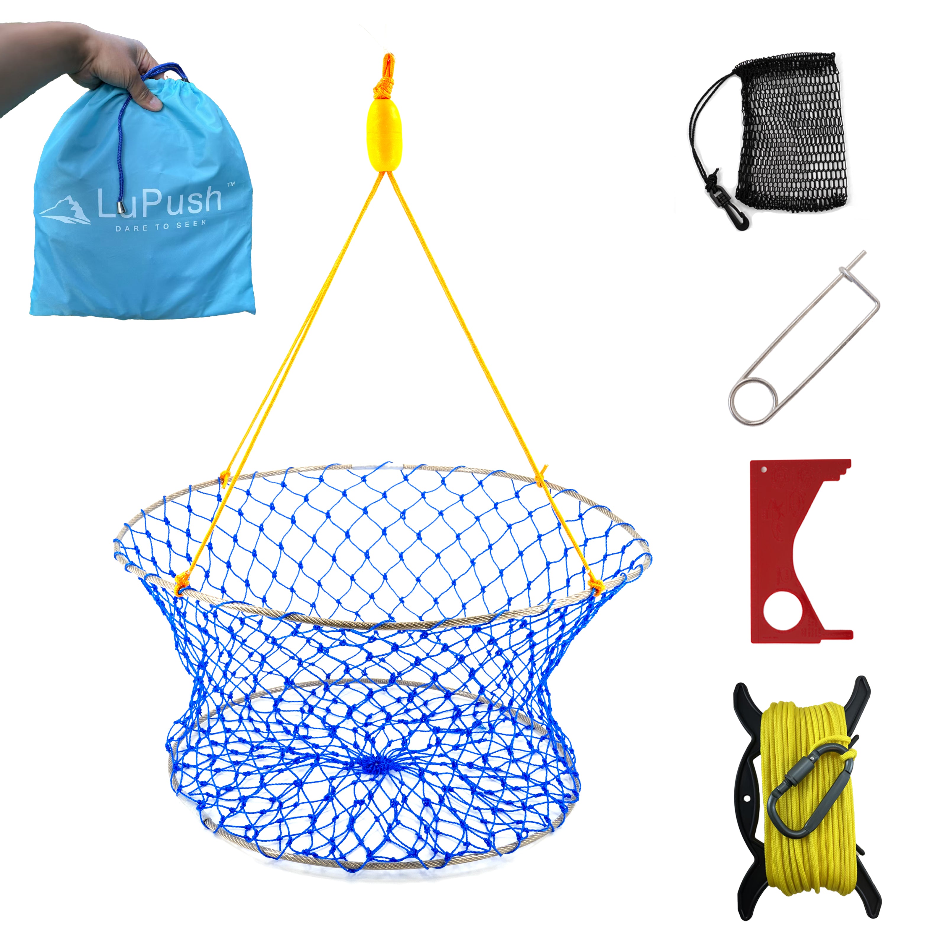 LUPUSH Crab Ring Trap Kit – Collapsible Stainless Steel Crab Net with 100ft Rope, Bait Bag, Clip & Ruler – 24”